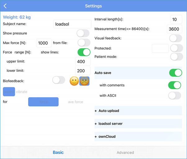 mobile force measurement - loadsol insole - application setting